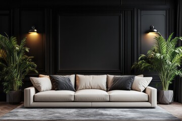 Fototapeta premium Elegant living room features a sofa with black wall panels