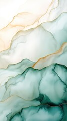 Naklejka premium Abstract Mountain Range: An ethereal watercolor painting of a mountain range, featuring soft, flowing lines in shades of green, white and gold, evoking a sense of tranquility and peace. 