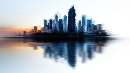 Fototapeta premium Abstract city skyline reflected in tranquil water at sunrise