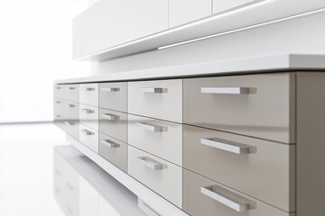 Modern minimalist beige and white dresser with sleek silver handles, offering ample storage.
