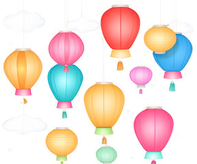 Naklejka premium Enchanting Skies, An Illustration of Whimsical Colorful Paper Lanterns Floating Among Dreamy Clouds and Sparkling Stars Creating a Festive Atmosphere
