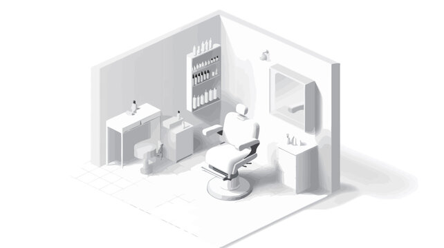 This image shows a minimalist hair salon or barber shop interior, digitally rendered in isometric perspective, with a monochromatic white color scheme and an emphasis on clean lines.