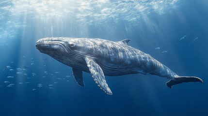 Naklejka premium Humpback whale swimming ocean sunlight depths