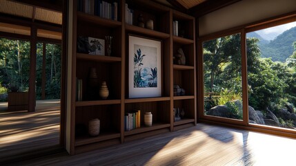 Tranquil wooden study overlooking lush jungle