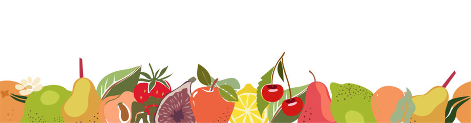 Seamless Horizontal banner template with fresh organic juicy fruits at bottom border isolated on transparent background. Decorative vector illustration in flat style for advertisement, promotion.