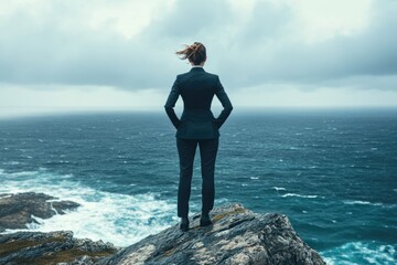 A businesswoman stands on a cliff overlooking a stormy sea, contemplating the future.