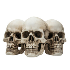 Fototapeta premium Three white skulls arranged side by side on a neutral background displaying intricate details and textures, group three skulls sitting next to each other, white background