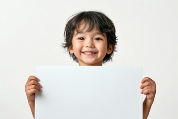 Ad boy pose. Isolated happy laughter boy with black hair on a pure white background. Cute kid ad. Cheerful boy model. &ETH;&iexcl;ute happy laughter child boy hold a template - large white boulevard s.