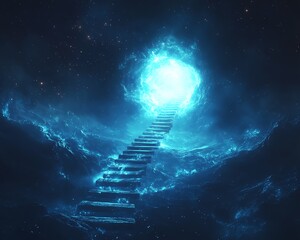 Dreamlike ladder stretching towards a hole in the dark sky, glowing stars and ethereal light pouring out of the hole, generative AI visualization
