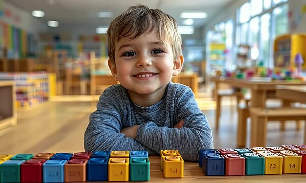 A preschool boy sits at a table with colorful blocks, arms crossed, in a classroom.