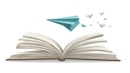 The image shows a high-key digitally rendered illustration of an open book with crisp white pages spread out. A light teal or turquoise origami airplane is positioned above the book.