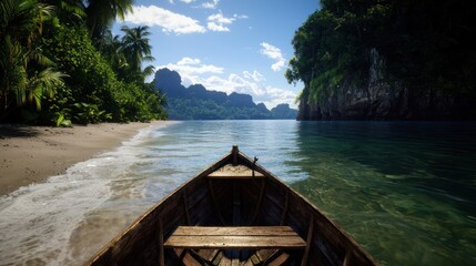 Tropical beach boat ride, calm waters, lush jungle backdrop, travel