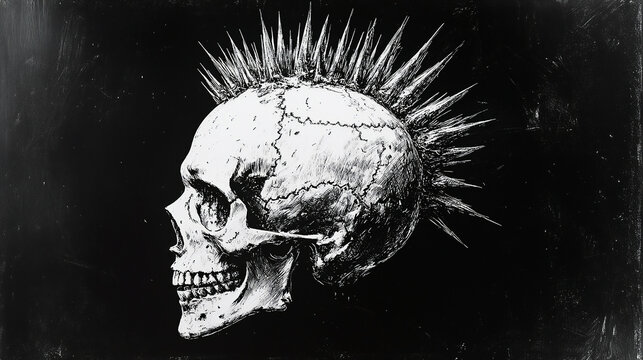 Human skull with a spiked mohawk, capturing punk rock style and rebellious attitude. Sketch engraving in scratchboard imitation, black and white illustration