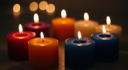 Colorful Candles Burning in Dark Background