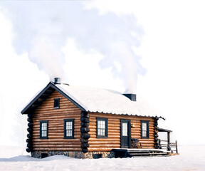 Enchanting Winter Retreat, A Cozy Log Cabin Covered in Snow, Radiating Warmth and Serenity Amidst a Snowy Landscape, Offering an Escape to Tranquility