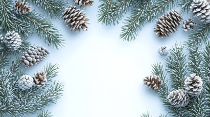 A close-up view of fresh fir tree branches and pine cones in winter