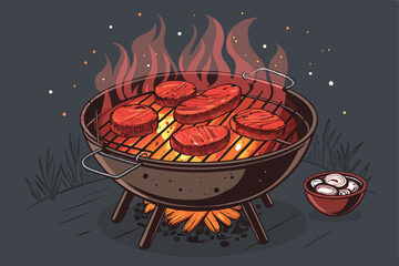 A large charcoal BBQ pit overflowing with various meats – ribs, sausages, chicken – roasting over hot coals, smoke billowing.