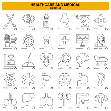 Healthcare and Medical outline Icons set. Hospital, syringe, medicine, Doctor, nurse, stethoscope and medical report. Vector illustration