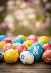 Fototapeta premium Colorful Easter Eggs with Floral and Bunny Designs on Wooden Table