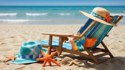 A colorful beach scene featuring a wooden folding deck chair with a blue and green plaid fabric