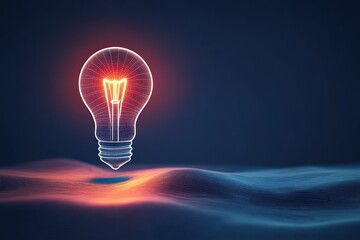 Minimalistic glowing light bulb line art on dark blue gradient background representing creativity innovation idea and business solutions