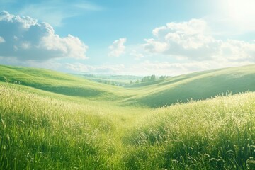 Fototapeta premium Rolling green hills and tall grass under a sunny, cloudy blue sky. Ideal for nature scenes or conveying peace and tranquility.