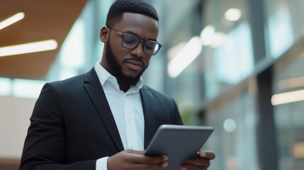 A focused entrepreneur in a sleek suit meticulously reviews business plans on a tablet in a contemporary office setting filled with natural light. The atmosphere reflects innovation and productivity