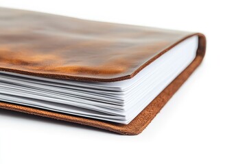 Close-up of a brown leather-bound book, showcasing its textured cover and neatly stacked pages.