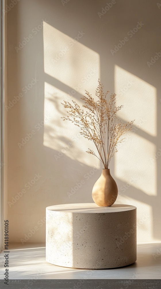 Aufkleber sunlight filters through a window, casting gentle shadows on a soft beige wall. a minimalist vase fi