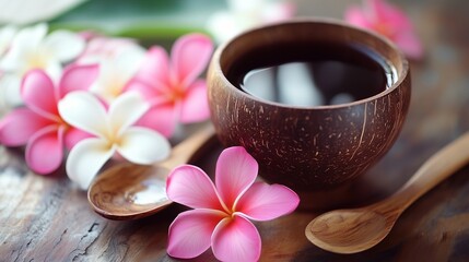 Fototapeta premium Cup of black tea in coconut wood cup with wooden spoon and frangipani flower on rustic table, representing natural lifestyle, herbal beverage, tropical relaxation, and organic morning routine concept