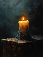 Dark eerie halloween background with glowing candle and spider webs