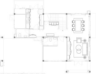 Interior design, drafting of the 1st floor, furniture arrangement, 2D drafting