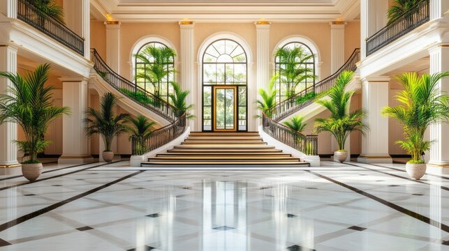 Grand hall features dual staircases marble floors and lush plants