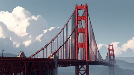 Iconic bridge against a backdrop of clouds and mountains