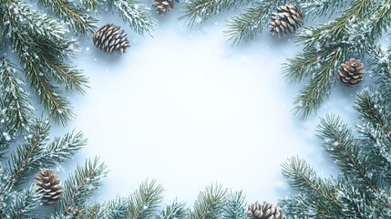 A close-up view of fresh fir tree branches and pine cones in winter