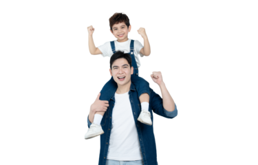 Father's Day Delight: A joyous father and son celebrate togetherness. The son sits cheerfully on his father's shoulders, both exuding happiness and celebrating an endearing moment.
