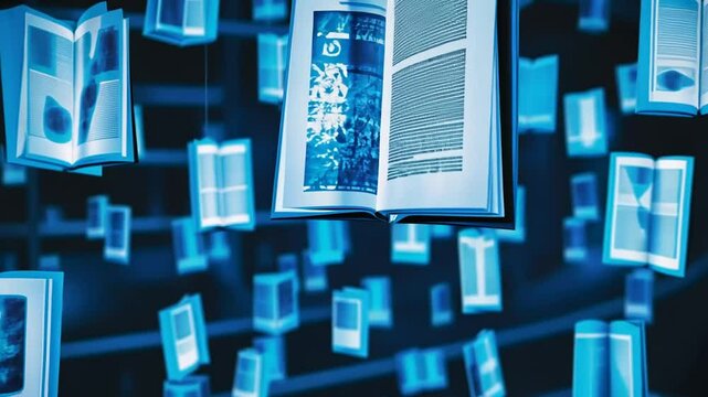 Floating books, knowledge, digital library, dark background, education concept