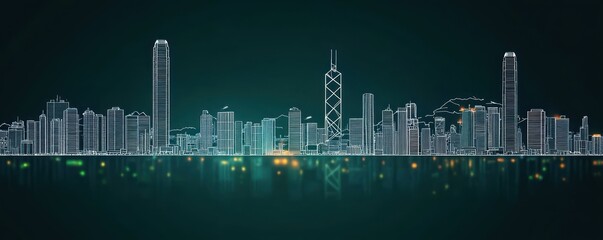 Fototapeta premium Minimalist Hong Kong Skyline Single Line Art Dark Green Background