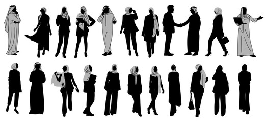 Silhouettes of Arab Business people, men and women, standing in traditional and smart casual clothes with hijab, shaking hands, using laptop, phone, tablet. Vector black illustrations isolated.