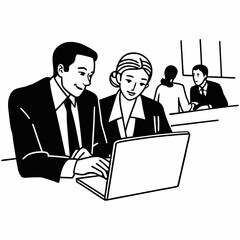 Team of diverse partners sitting at table mature Latin business man and European business woman discussing project on laptop in office. Two colleagues of professional business people working, close up