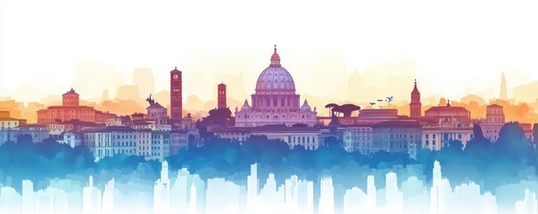 Obraz premium Minimalist Rome Cityscape Pastel Gradient Silhouette Landmarks Skyline Urban Travel Italy