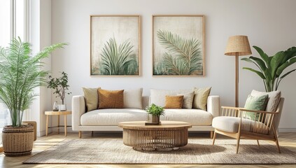 Fototapeta premium Serene living room with beige sofa, wooden coffee table, potted plants, and leafy artwork