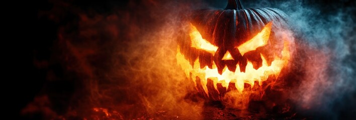 Sinister glowing Halloween pumpkin jack o lantern with fiery eyes and mouth surrounded by swirling smoke dark gothic style minimalist blank space
