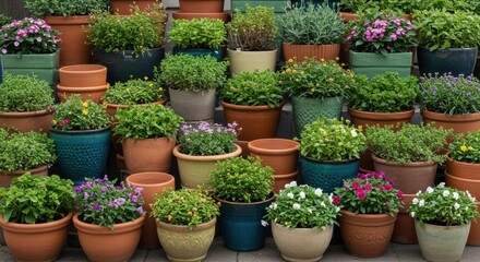 Colorful Potted Plants and Flowers Outdoor Arrangement