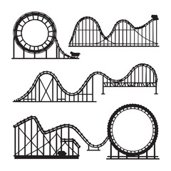 Rollercoaster Silhouette Vector Set Roller Coaster railroad ride flat vector icon White Background.