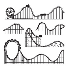 Rollercoaster Silhouette Vector Set Roller Coaster railroad ride flat vector icon White Background.