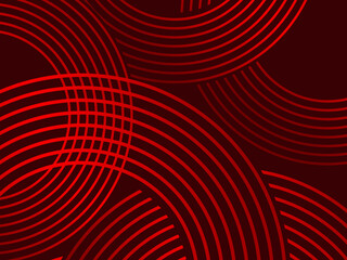 Abstract red glowing geometric lines on dark red background. Modern shiny red circle lines pattern. Futuristic technology concept, perfect for covers, posters, banners, brochures, websites, etc.