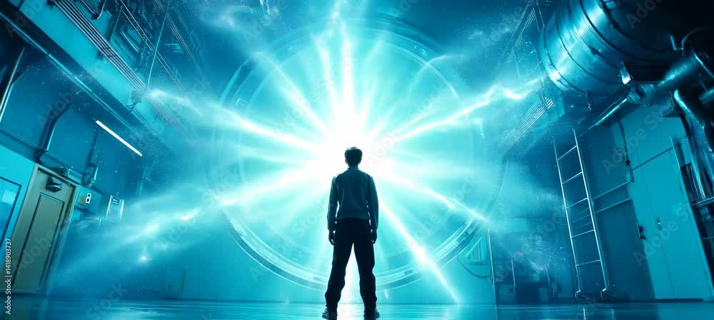 Canvas Prints silhouette of man ready to future time travel with portal machine. generative video ai technology.