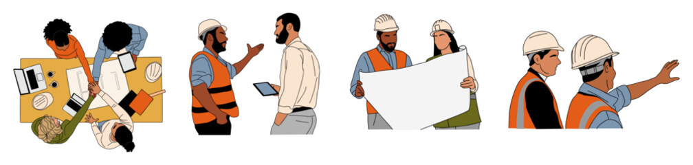 Set of building and architecture business scenes. Engineers, business people having meeting, controlling constructions. Outline colored sketch drawings isolated on transparent background.