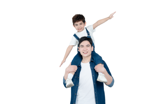 portrait of asian father and son posing on background